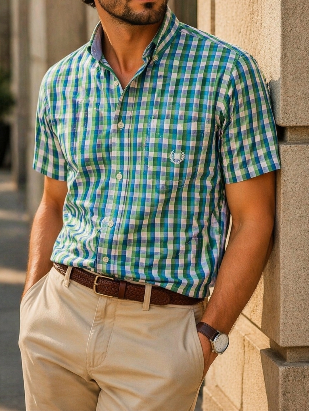 Chaps Green Blue Plaid Button Down Shirt Men’s Casual Preppy Short Sleeve Cotton